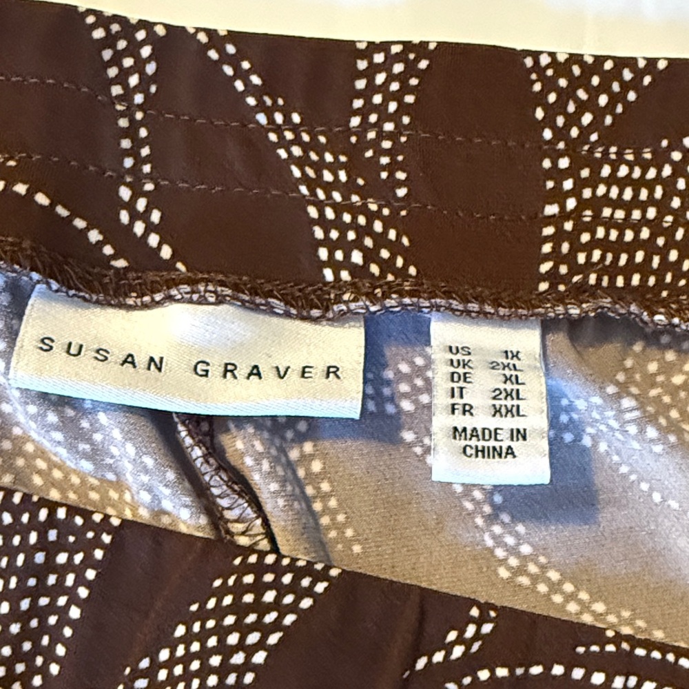 Susan Graver Pants Liquid Knit Brown and White Leaf Patterned Bohemian Ankle 1X - Picture 2 of 14